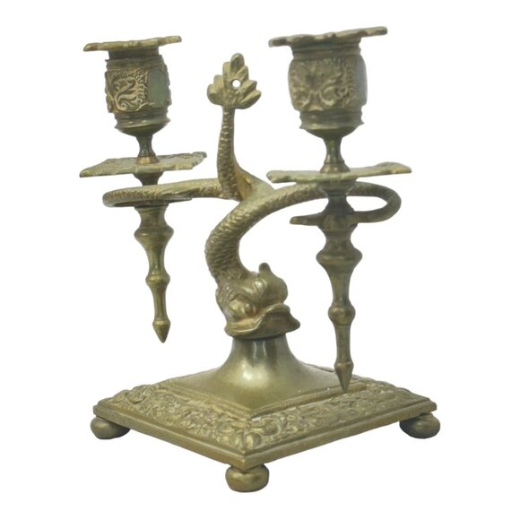 Pair of Antique Brass Asian Dragon/ Koi Fish Double Candle Holders 7" H x 8" W - Picture 6 of 12